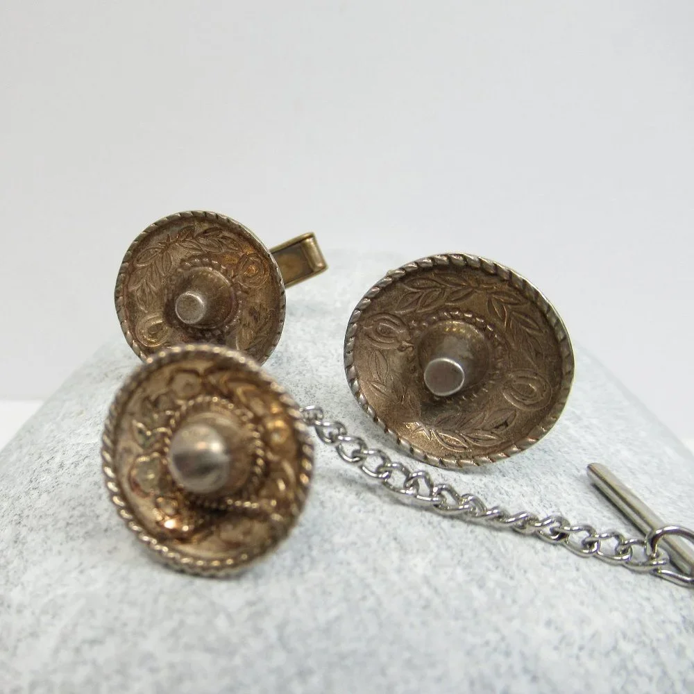 Vintage Sterling Sombrero Cuff Links snd tie tack